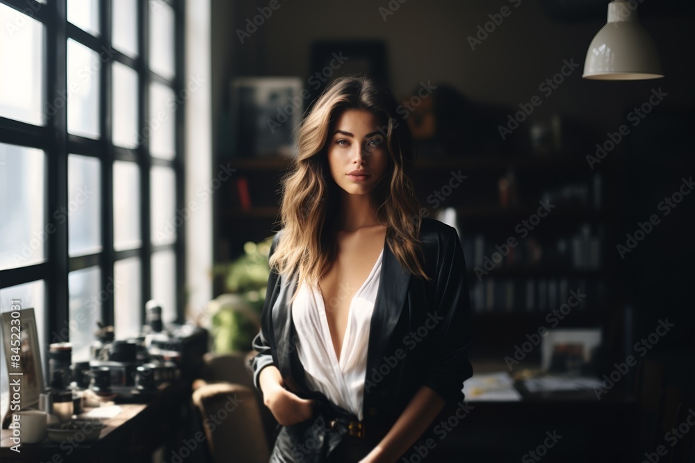 Wide shot of female influencer with camera, stylish studio, natural window light Wide shot of female influencer with camera, stylish studio, natural window light