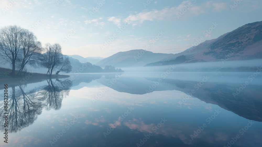 A calm lake at dawn, reflecting the serene landscape, with a delicate morning mist adding a touch of mystique, watercolor style A calm lake at dawn, reflecting the serene landscape, with a delicate morning mist adding a touch of mystique, watercolor style