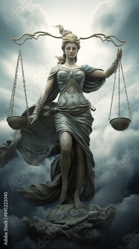 Wide-angle view of Lady Justice, blindfolded, overcast sky, elevated angle