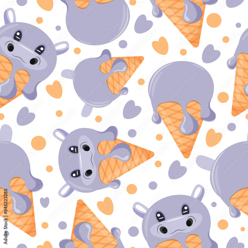 seamless pattern with cones with ice cream and animal print, namely hippo face and waffle cone, for design, packaging or advertising seamless pattern with cones with ice cream and animal print, namely hippo face and waffle cone, for design, packaging or advertising