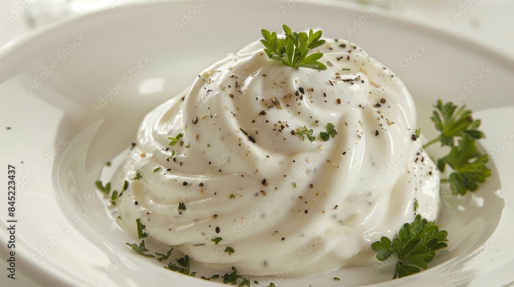 A dollop of ranch dressing, close-up revealing creamy texture and herbs, on a white plate, isolated background, sharp studio lighting A dollop of ranch dressing, close-up revealing creamy texture and herbs, on a white plate, isolated background, sharp studio lighting