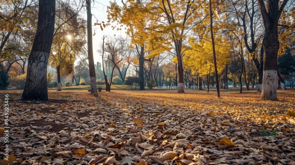 A tranquil autumn park displaying fading shades of fall with golden leaves carpeting the ground --ar 16:9 --style raw Job ID: 58c076e1-92e5-4081-bb5b-7a48f5c231d5 A tranquil autumn park displaying fading shades of fall with golden leaves carpeting the ground --ar 16:9 --style raw Job ID: 58c076e1-92e5-4081-bb5b-7a48f5c231d5