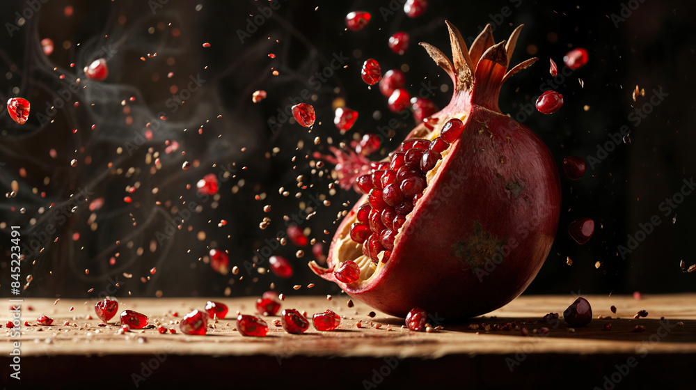 Fresh pomegranate bursting with seeds on wooden table Fresh pomegranate bursting with seeds on wooden table