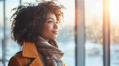 A beautiful African American woman with curly hair wearing a coat and scarf stood in an airport waiting area looking out the window at the sunlit sky. With a soft focus lens on a Sony Alpha A7 III cam photo