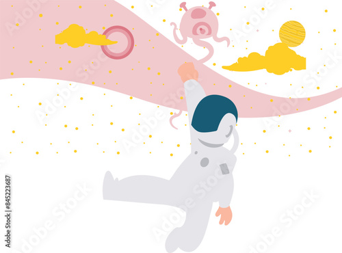 An astronaut towing an alien in space.