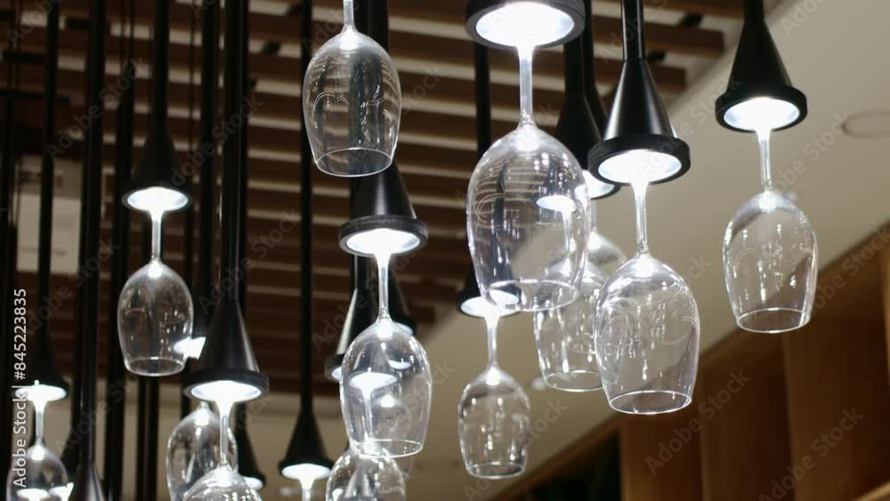 Many wine or champagne glasses as light bulbs glowing as a creative restaurant illumination Many wine or champagne glasses as light bulbs glowing as a creative restaurant illumination