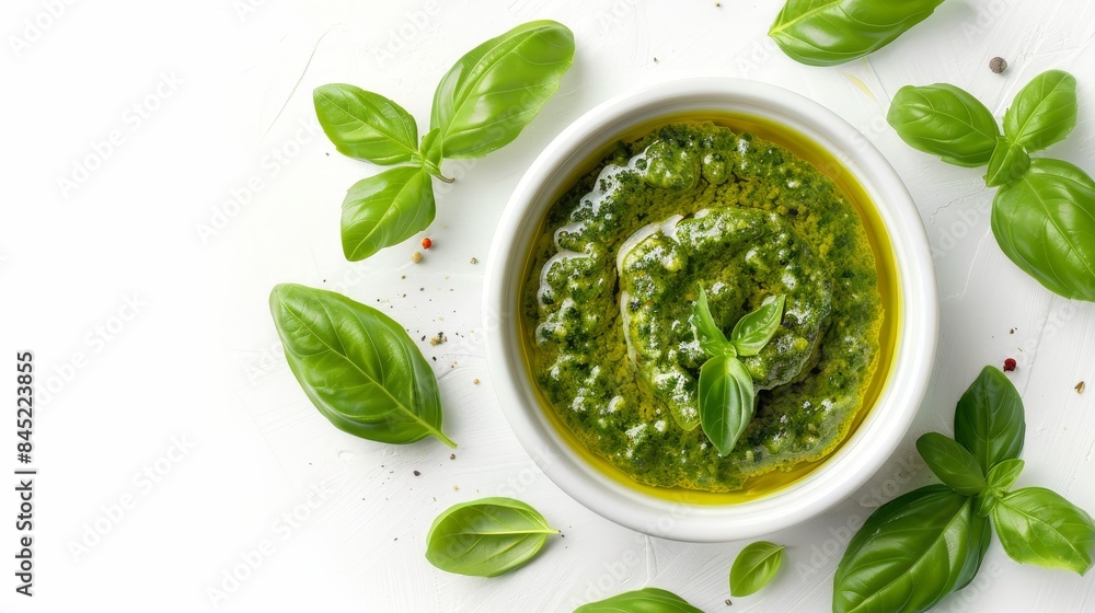A top view of freshly made pesto in a white bowl, with a drizzle of olive oil on top, and basil leaves placed decoratively around, isolated background, studio lighting A top view of freshly made pesto in a white bowl, with a drizzle of olive oil on top, and basil leaves placed decoratively around, isolated background, studio lighting