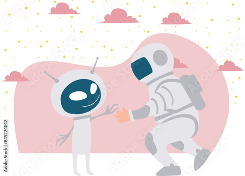 The astronaut is greeting with an alien.