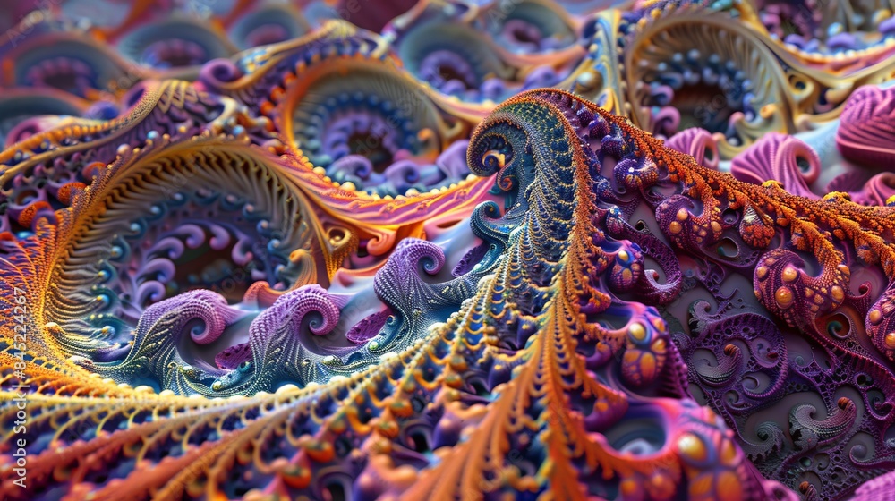 Obraz premium Abstract fractal pattern, self-replicating forms with intricate recursive details, vibrant colors creating a mesmerizing endless exploration