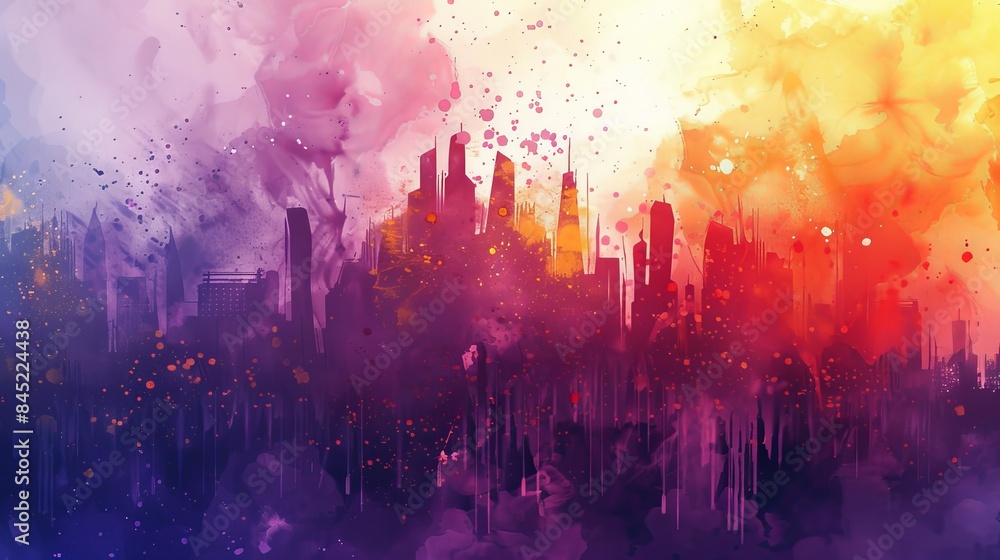 Fototapeta premium Abstract watercolor of futuristic cartoon cities, colorful paint splashes giving depth and movement to the background