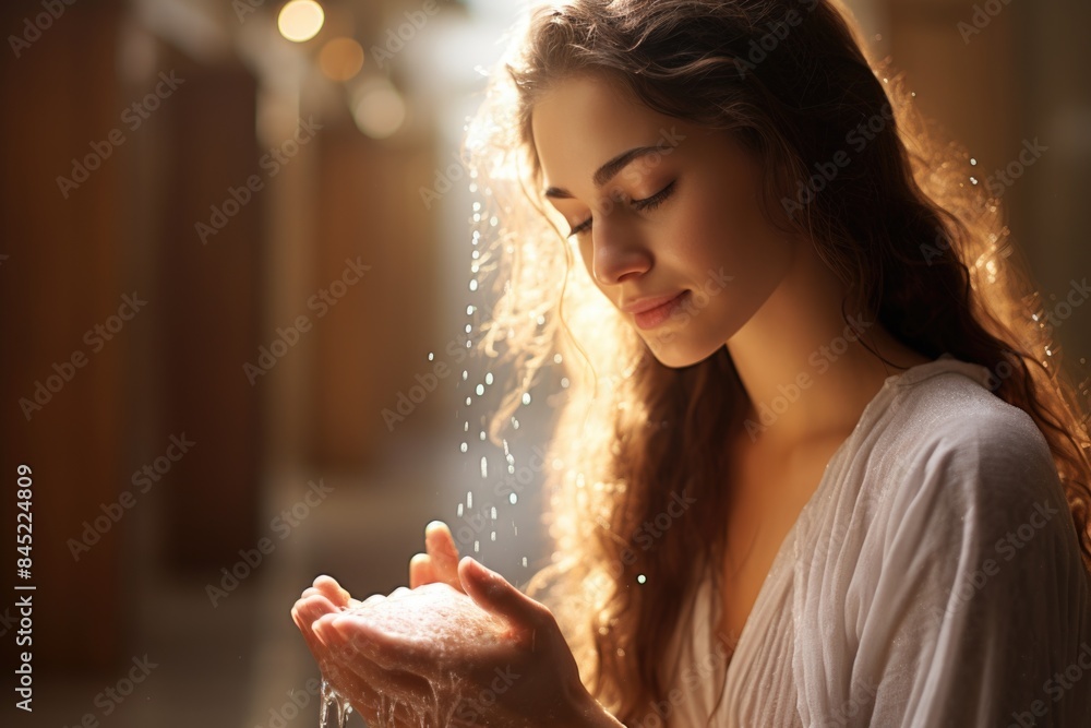 Serene Muslim Woman Performing Ablution (Wudu) in Traditional Setting