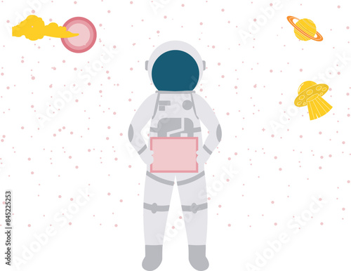 The space man is looking at the different planets.