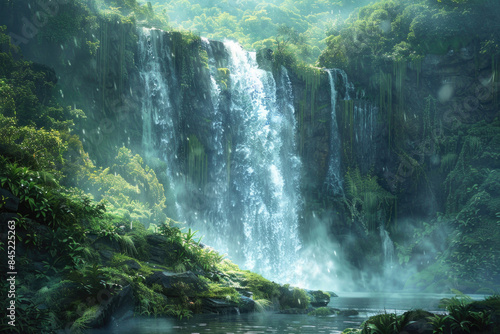 A cascading waterfall in a lush forest, with mist rising from the base