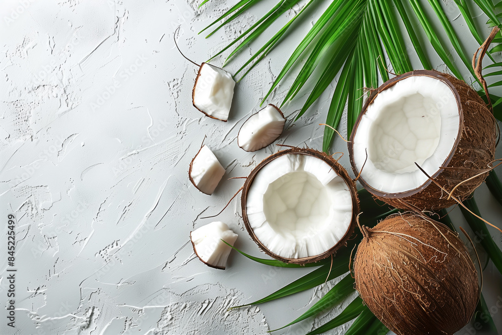 Fresh Coconuts and Palm Leaves on Textured White Background with Copy Space. Fresh Coconuts and Palm Leaves on Textured White Background with Copy Space.