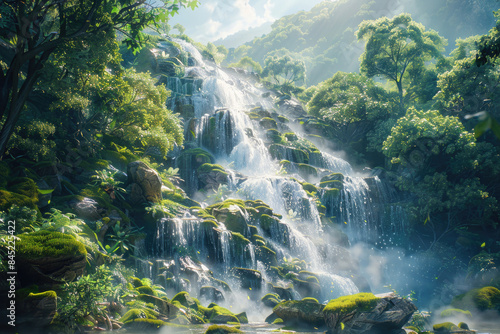 A cascading waterfall in a lush forest  with mist rising from the base