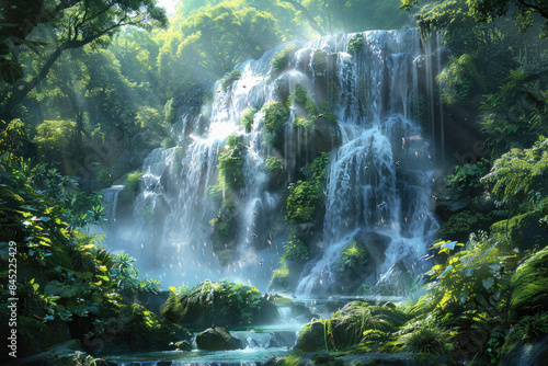 A cascading waterfall in a lush forest, with mist rising from the base