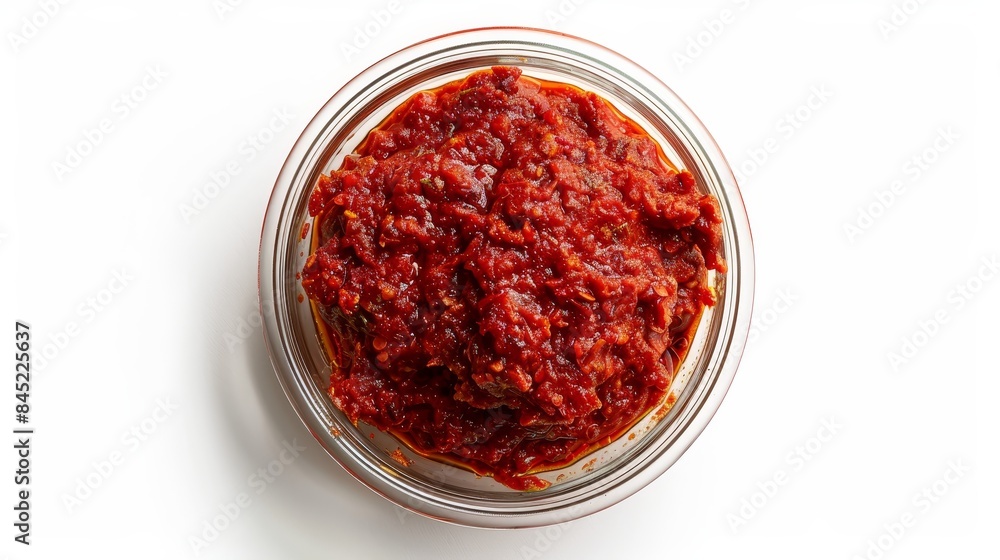 Aerial shot of Harissa paste, deep red and speckled with spices, in a simple glass dish, isolated on a white background, professional studio lighting Aerial shot of Harissa paste, deep red and speckled with spices, in a simple glass dish, isolated on a white background, professional studio lighting