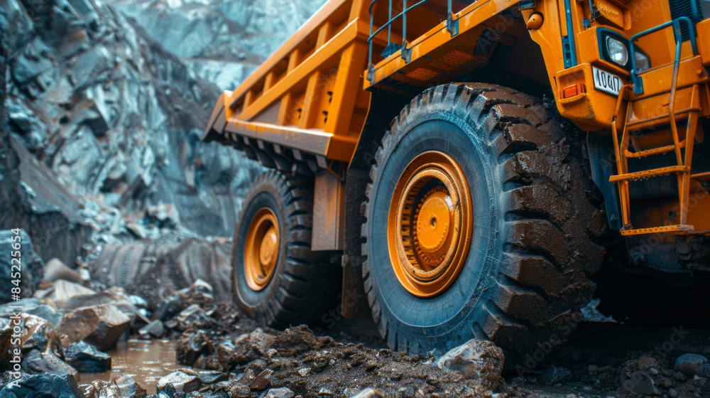 Large heavy-duty dump truck navigating through a rocky quarry, highlighting the mining and construction industry. Large heavy-duty dump truck navigating through a rocky quarry, highlighting the mining and construction industry.