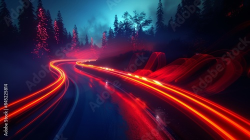 Highway road with neon light trails at night, long exposure, speed effect photo