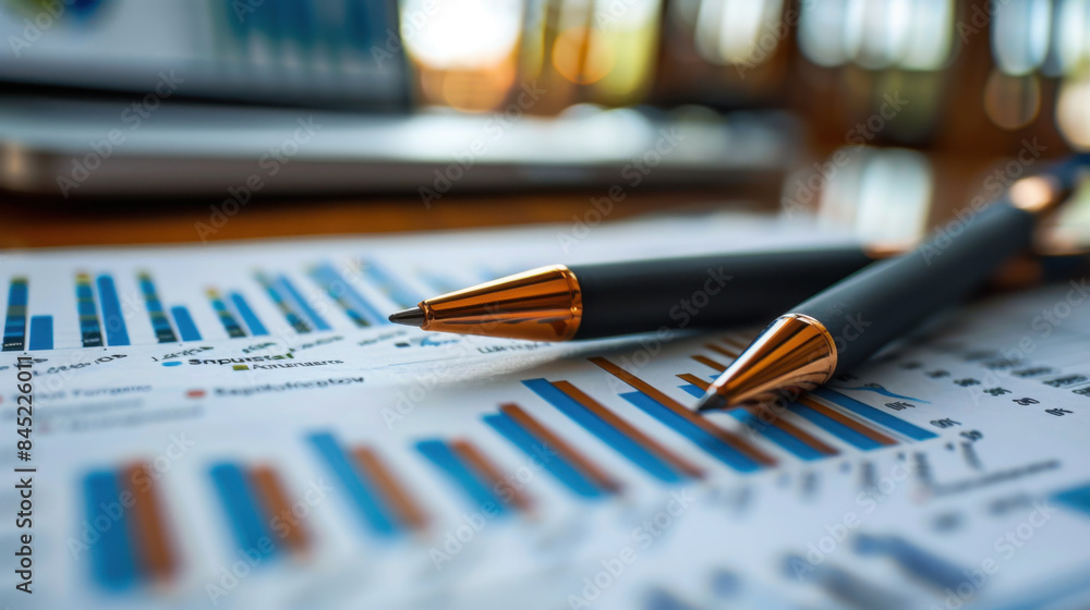 Close-up of two pens resting on a financial graph document, highlighting business analysis and financial planning concepts. Close-up of two pens resting on a financial graph document, highlighting business analysis and financial planning concepts.