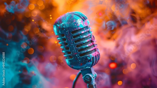 Antique microphone with a burst of colorful paint, showcasing creative inspiration