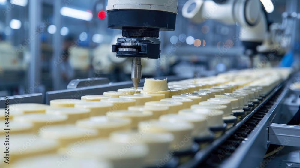 Naklejka premium Automated factory line with robots crafting Hollandaise sauce, pristine and secure environment, modern and efficient setup