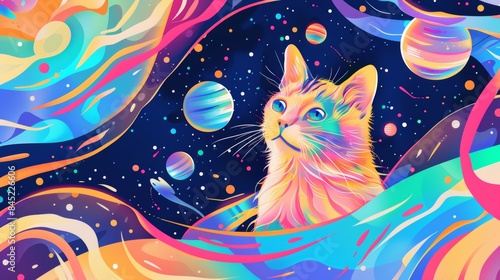 Astronaut cat in a whimsical, abstract galaxy, surrounded by swirling planets and cosmic patterns, bright and cheerful