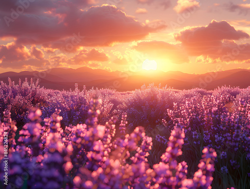 a field of purple flowers in the sunset hour  with a cloudy sky and the sun setting in the background.