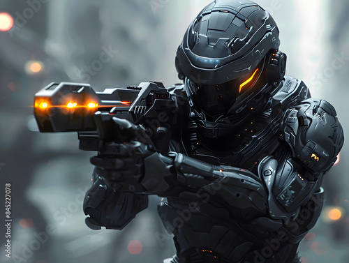 A futuristic soldier in high-tech armor, leading a resistance force against alien invaders