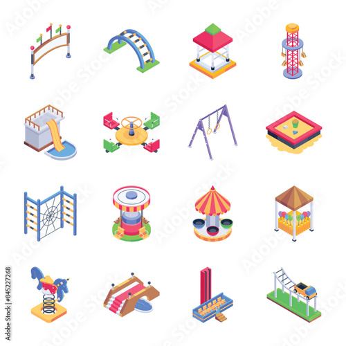 Collection of Park Rides Isometric Icons 

