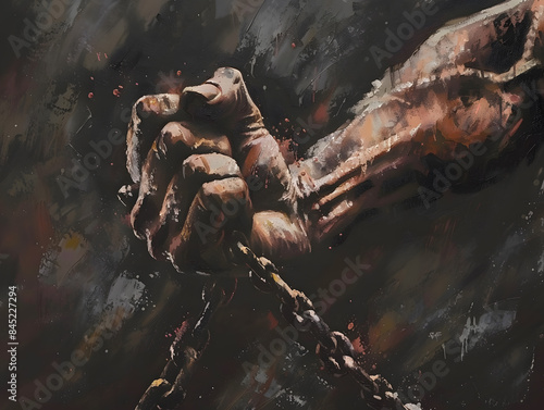 A symbolic artwork depicting the struggle of resistance, with clenched fists breaking chains