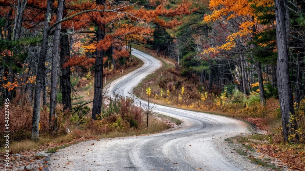 A winding country road surrounded by trees with leaves in the warm, fading colors of early fall A winding country road surrounded by trees with leaves in the warm, fading colors of early fall