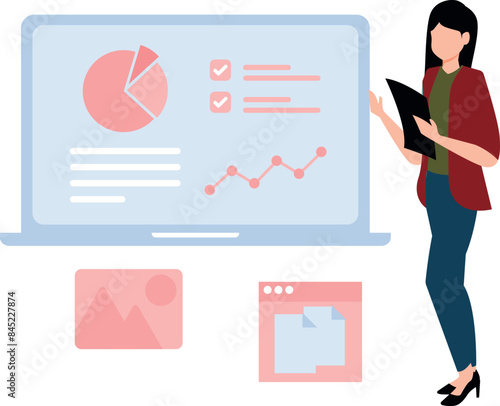A girl is explaining about the business graph.