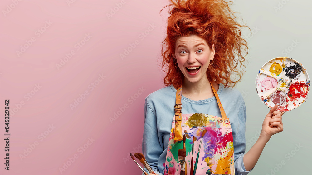 A cheerful female artist with wavy red hair and European features holds a colorful paint palette. She wears a paint- A cheerful female artist with wavy red hair and European features holds a colorful paint palette. She wears a paint-