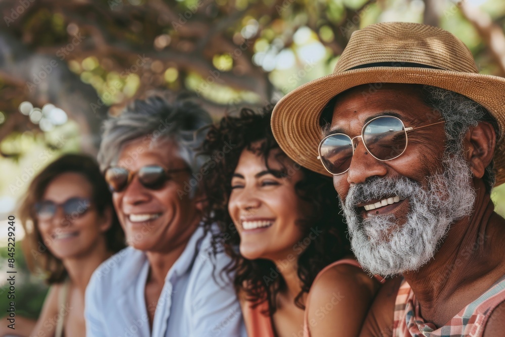 Group of diverse friends having fun together in the park. Cheerful senior man wearing sunglasses and hat. Group of diverse friends having fun together in the park. Cheerful senior man wearing sunglasses and hat.