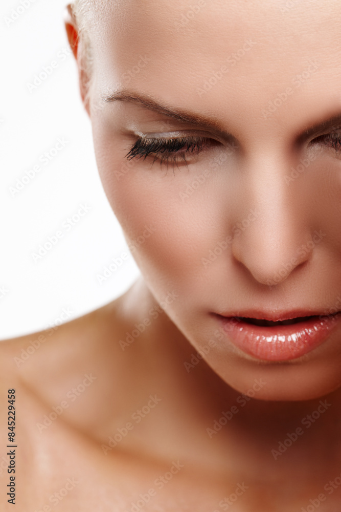 Woman, clear skin and confident cosmetic in studio, makeup and skincare on white background. Female person, beauty and proud of dermatology foundation results, hydration and facial treatment or soft Woman, clear skin and confident cosmetic in studio, makeup and skincare on white background. Female person, beauty and proud of dermatology foundation results, hydration and facial treatment or soft