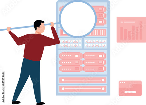 The boy is searching for business statistics.