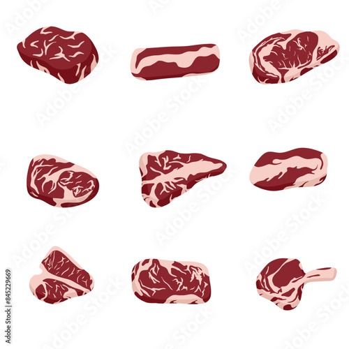 Red beef steaks collection. Set of raw delicious pieces of pork and beef. Cold cuts. Rib eye, tenderloin and brisket