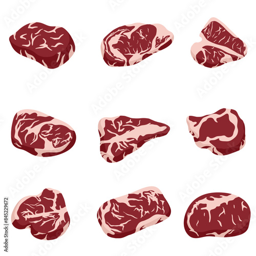 Red beef steaks set. Collection of raw pieces of pork and beef. Cold cuts.Tenderloin and brisket