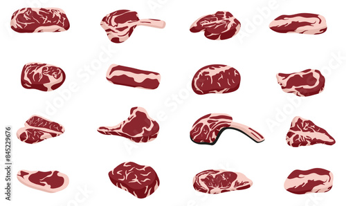 Big set of red beef and pork steaks set. Collection of raw pieces of meat. Cold cuts. Rib eye, tenderloin and brisket