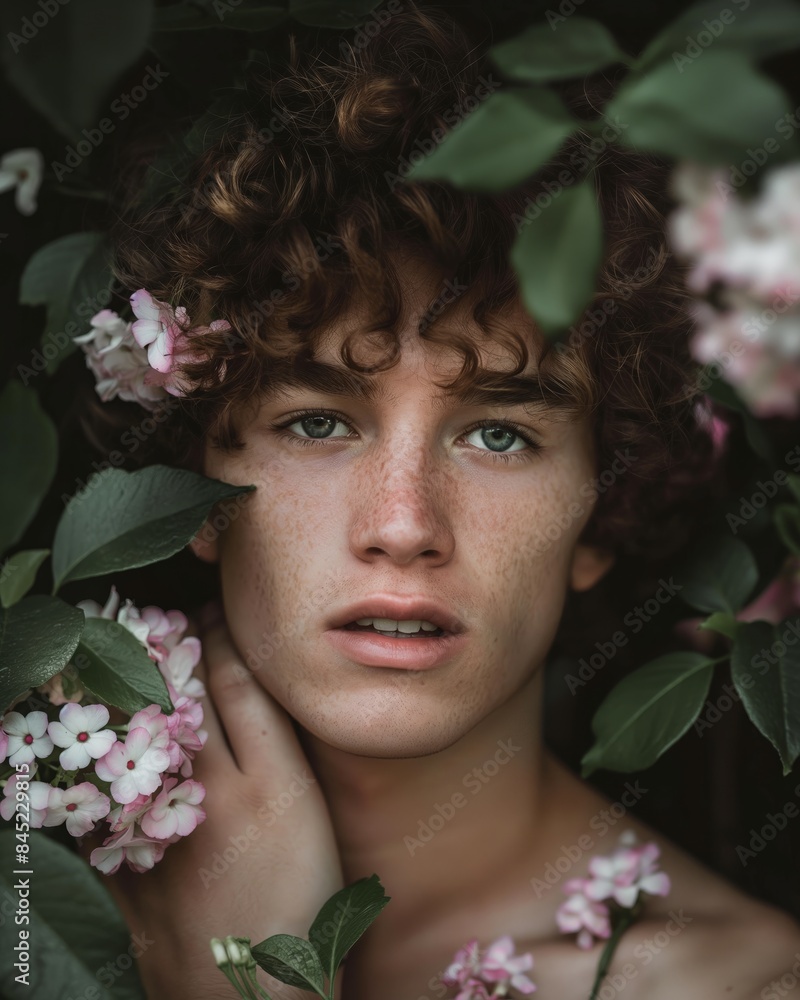 Obraz premium A close-up portrait of a male model with curly brown hair and green eyes. He is surrounded by pink flowers and green foliage, creating a soft and romantic atmosphere. The models hand gently rests on