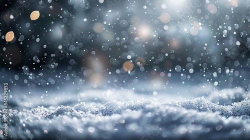 Winter’s whisper: ethereal white snowflakes bokeh effect against the serene blackness of night © Ameer