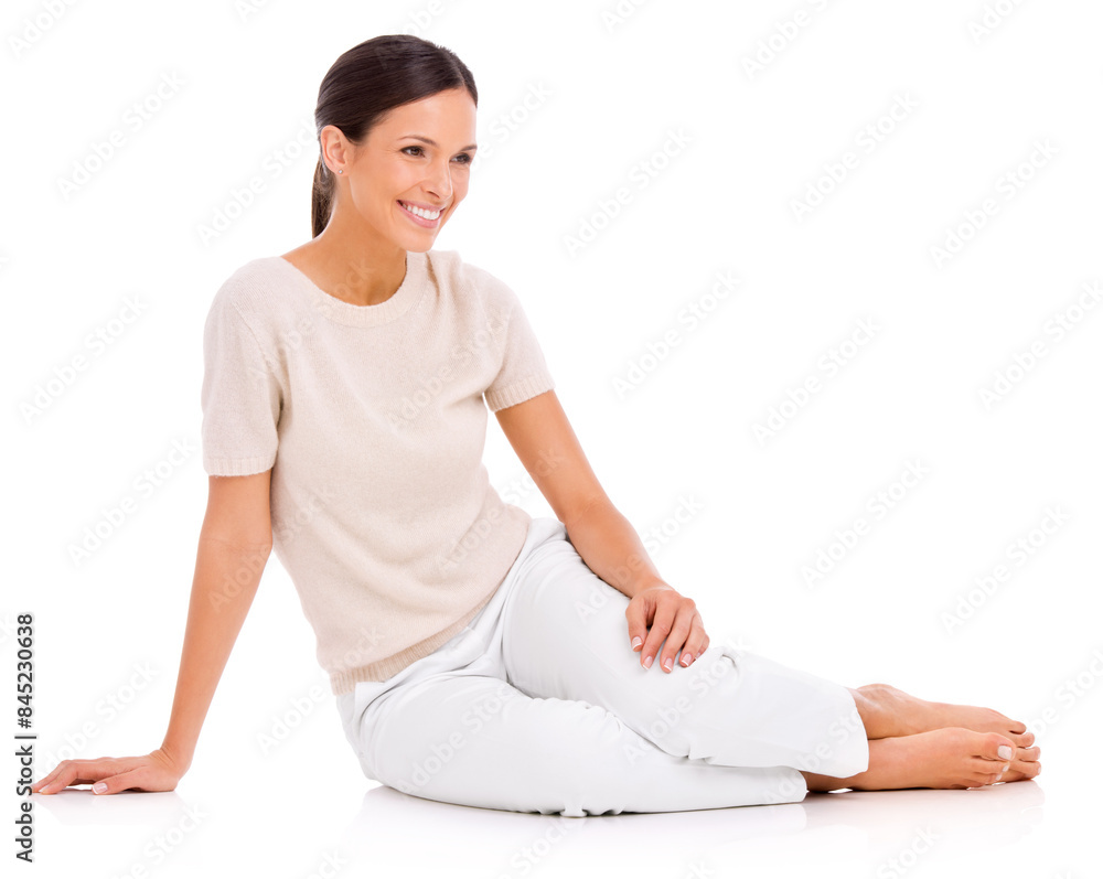 Woman, portrait and smile in studio for thinking relax with for good mood, carefree or wondering. Female person, face and floor rest with thoughts on white background in Canada, comfort or mock up Woman, portrait and smile in studio for thinking relax with for good mood, carefree or wondering. Female person, face and floor rest with thoughts on white background in Canada, comfort or mock up