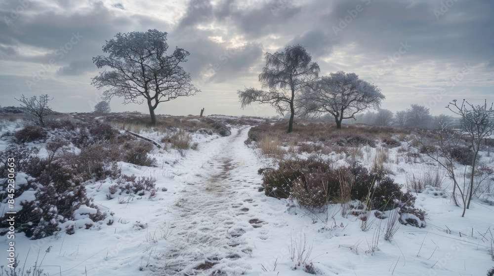 Obraz premium Footpath covered in ice over a snowy moor with barren winter trees shrubs and heather under a cloudy grey sky