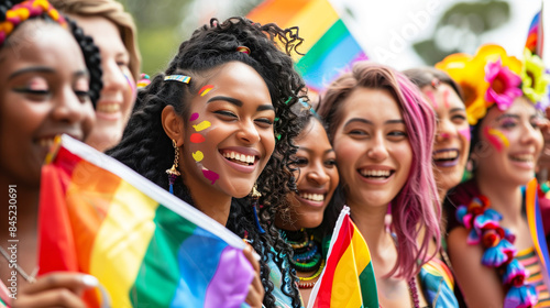 A diverse group of smiling women celebrating Pride. They are joyfully holding rainbow flags, with colorful face paint and accessories, creating a vibrant and inclusive atmosphere.