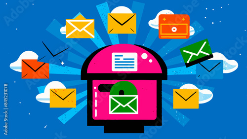 Colorful Mailbox Surrounded by Floating Envelopes on Digital Background