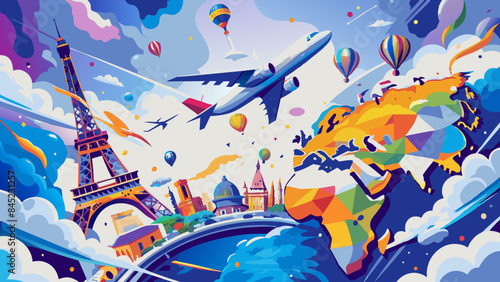 Vibrant World Travel Adventure Illustration with Iconic Landmarks