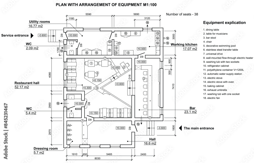 Cafe plan in top view. Floor plan of small restaurant. Arrangement of furniture in the catering interior. Bar design project. Vector Cafe plan in top view. Floor plan of small restaurant. Arrangement of furniture in the catering interior. Bar design project. Vector