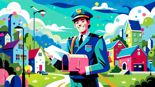 Smiling Mailman Delivering Letters in Colorful Suburban Area