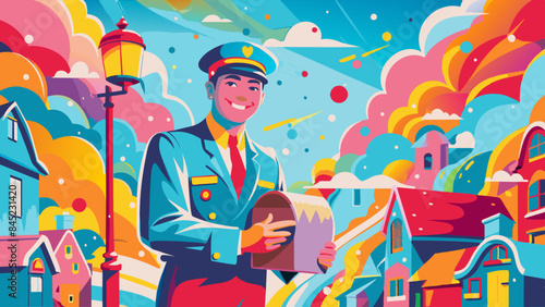 Colorful Illustration of a Cheerful Mail Carrier in a Vibrant Neighborhood
